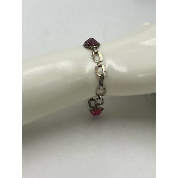 Scarab Multicolor Sterling Silver Bracelet Pinks Purples Fold Over Clasp - Picture 5 of 10